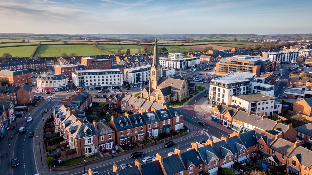 Aerial view of Basingstoke town and surrounding residential areas in Hampshire showing the property landscape