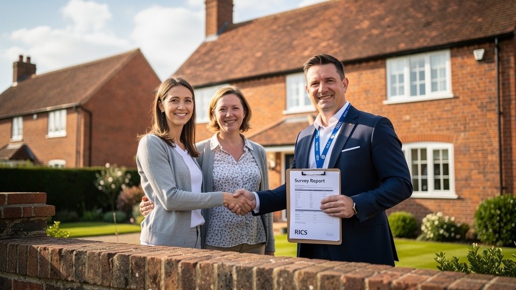 RICS surveyor shaking hands with happy homebuyer couple outside a Hampshire property