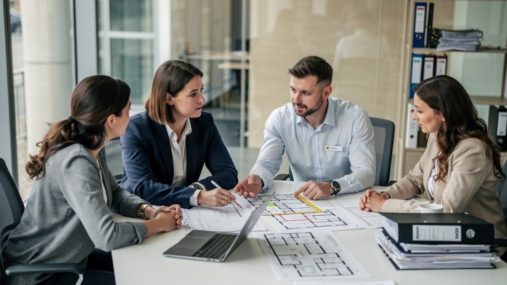 Property solicitor and surveyor reviewing a building survey report together