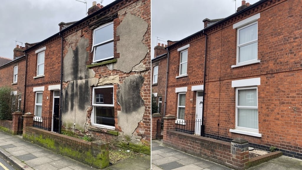 Victorian property in Hampshire showing damp and structural problems on the external wall