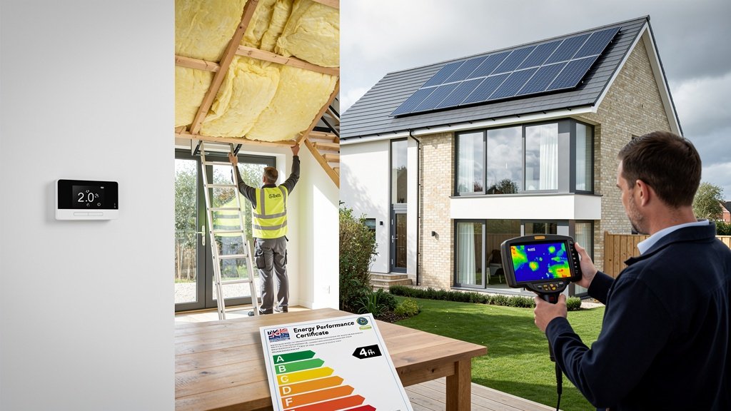 Energy efficient home with solar panels and surveyor using thermal imaging equipment in Hampshire