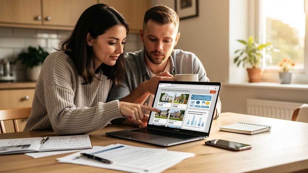 First time buyers researching property surveys on laptop