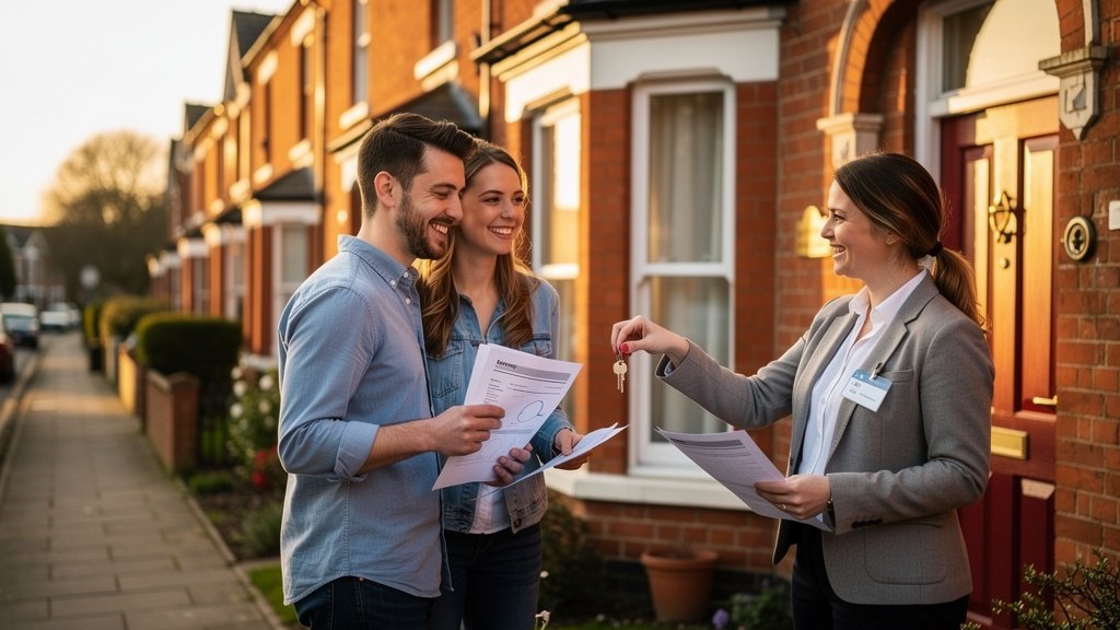 Happy couple receiving keys to their new home in Basingstoke after a successful property survey