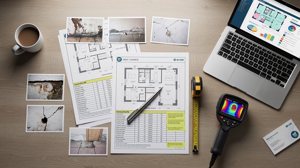 Professional property survey report documents and survey tools on a desk